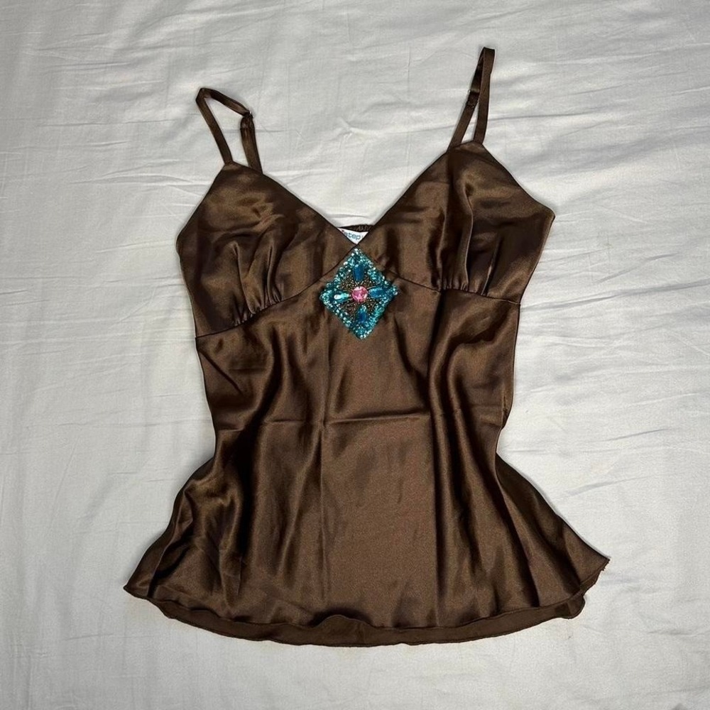 One Step Ahead Brown Satin Tank Top with Teal Beaded Accent